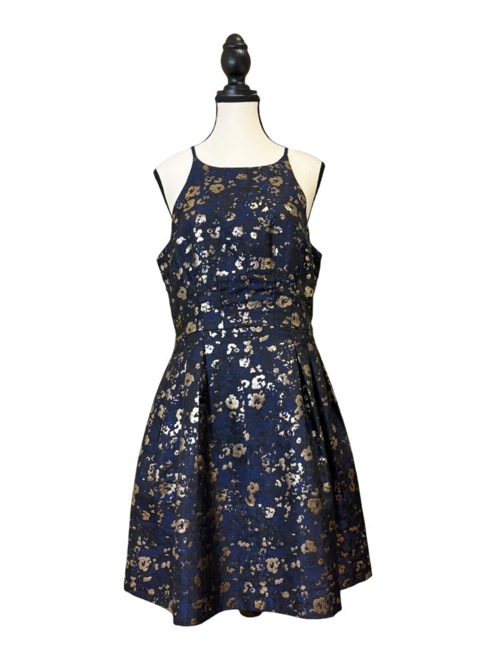 Belle Badgley Mischka Blue, Black, & Metallic Gold Print Dress (12)